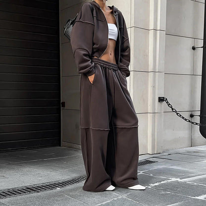 Autumn Winter Women Hooded Long Sleeved Zipper Coat Casual Loose Trousers Suit Women - Wanita Store
