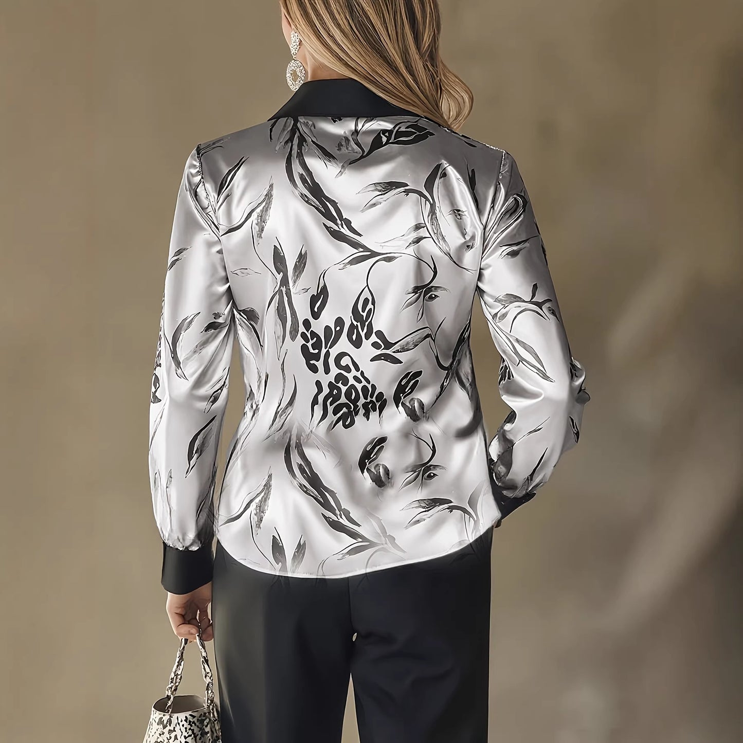 Women Clothing Spring Summer Satin Printing Long Sleeve Shirt Top - Wanita Store