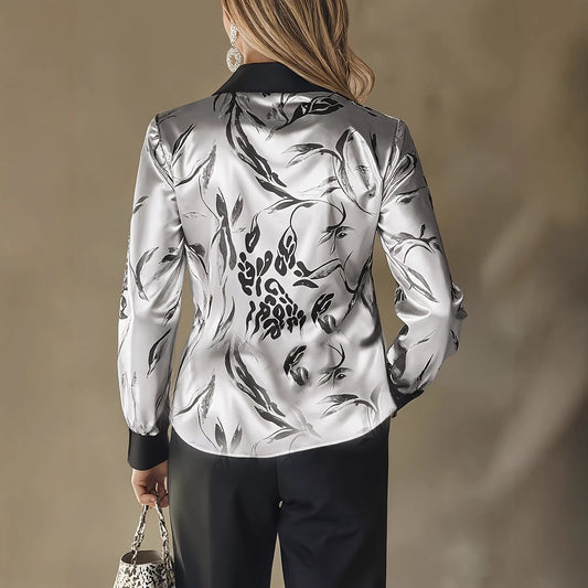 Women Clothing Spring Summer Satin Printing Long Sleeve Shirt Top - Wanita Store