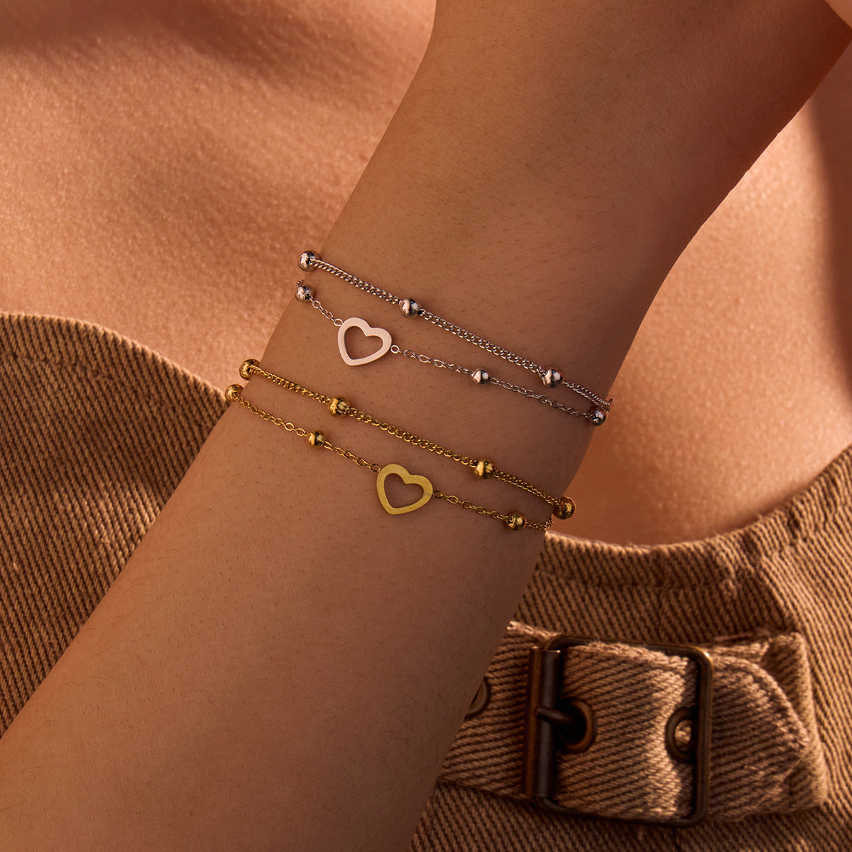 Fashionable Stainless Steel Double Layers Loving Heart Twin 18K Gold Non Fading Valentine Day Gift Bracelet - Wanita Store