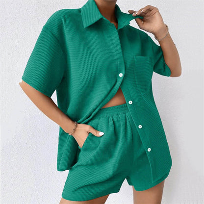 Summer Suit Women Women Loose Casual Short Sleeved Shirt Elastic Waist Shorts Two Piece Set Women - Wanita Store