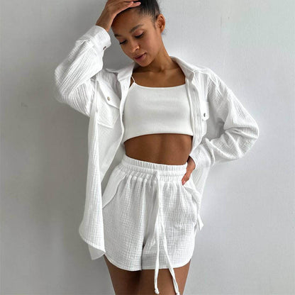 Women Clothing Spring Collared Loose Shirt High Waist Shorts Two Piece Set Casual Set - Wanita Store