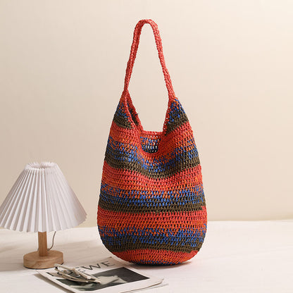 Color Shoulder Straw Bag Casual Large Capacity Woven Bag Seaside Vacation Beach Bag All Matching Straw Bag - Wanita Store