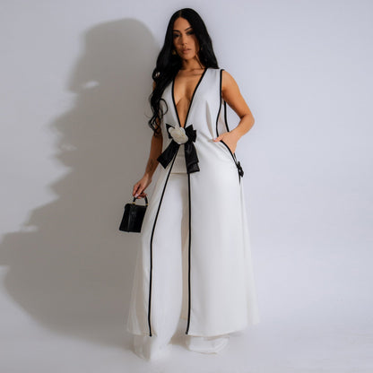 Women Sexy Camellia Bow Sleeveless Long Vest Wide Leg Pants Set - Wanita Store