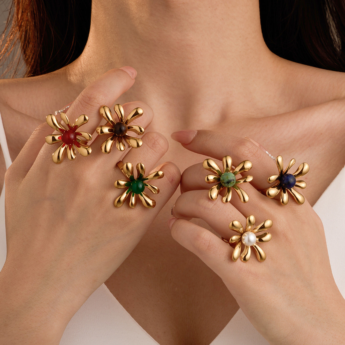 Irregular Asymmetric Petals Trendy Stainless Steel Open Ring Light Luxury High Sense Ring Women - Wanita Store