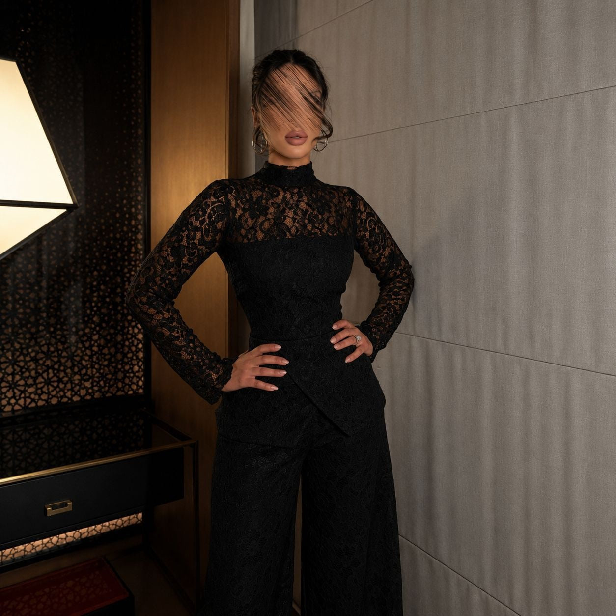 Spring Summer French Sexy Lace Patchwork Turtleneck Long Sleeve Jumpsuit