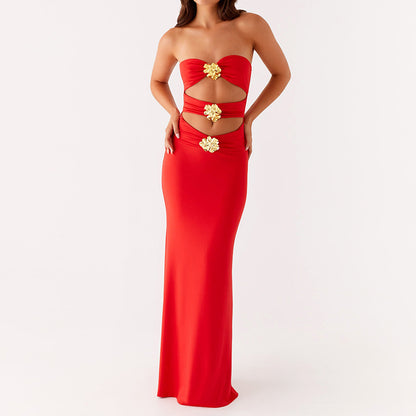 Summer Ladies Sexy Cutout Dress off Neck Metal Floral Sexy Slim Fit Maxi Dress - Wanita Store
