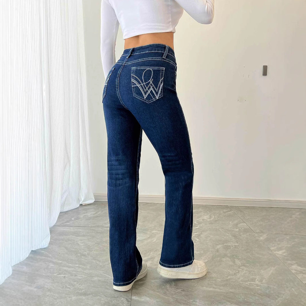 Casual Straight Leg Simple Comfortable Stretch Embroidery Jeans Women