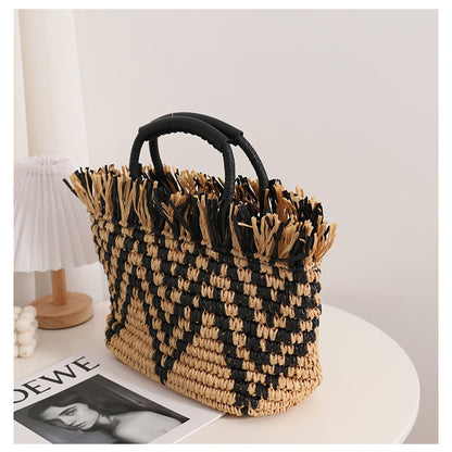 Color Matching Loose Edge Straw Bag Loose Edge Portable Color Matching Woven Bag Seaside Vacation Beach Bag Women Bag - Wanita Store