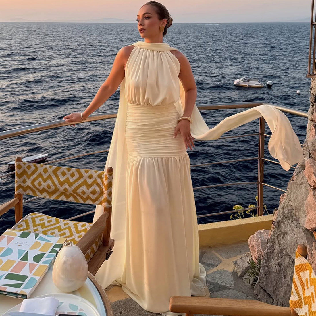 Autumn Winter Women Clothing Waist Controlled Sheath Pleated Ribbon Solid Color Dress