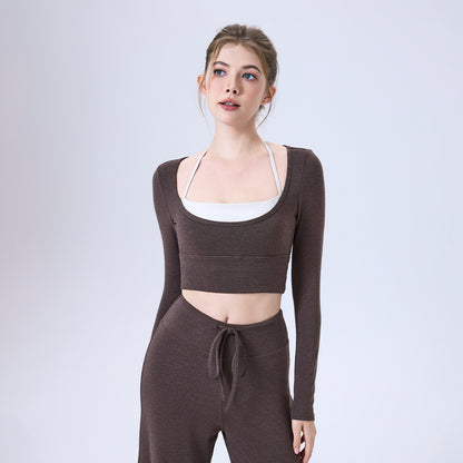 Nude Feel Contrast Color Yoga Clothes Long Sleeve Semi Fixed Cup Running Slim Sports Bra Breathable Workout Clothes Top - Wanita Store
