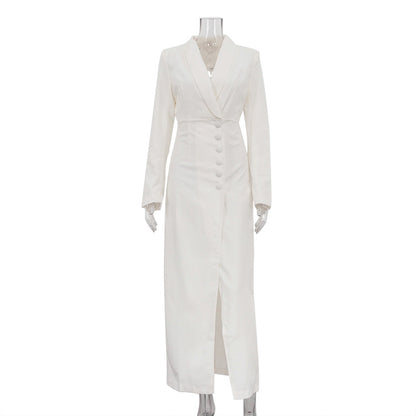 Spring Autumn Party Dress Women V neck Long Sleeve High Waist Split French Dress - Wanita Store