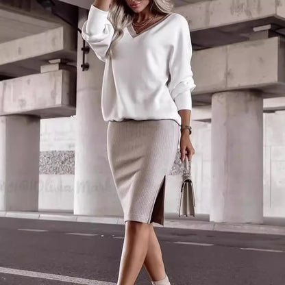 Women Wear Outing Casual Loose V neck Sweatshirt Tight Skirt Long Sleeved Top Two Piece Set - Wanita Store