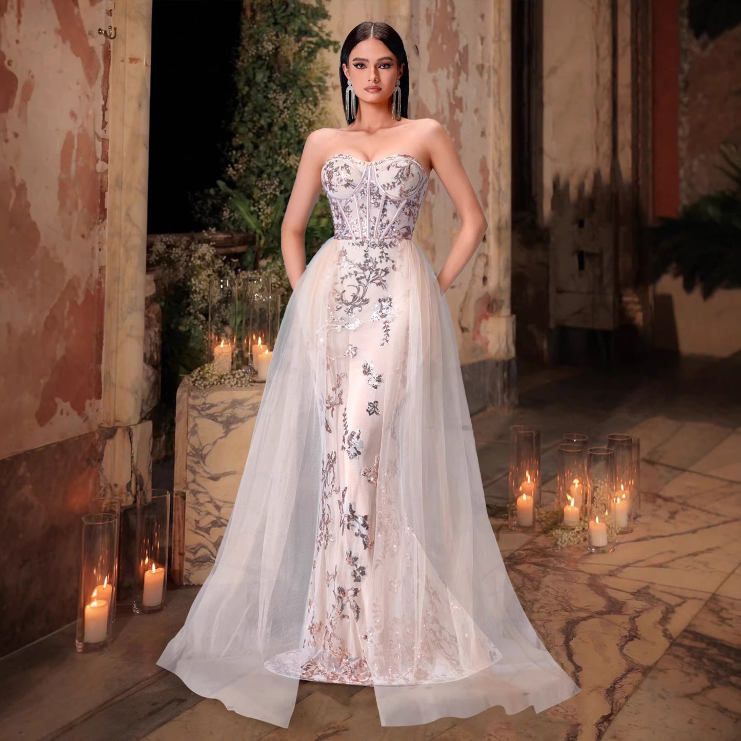 Robe de soirée moulante à bustier avec baleines de qualité supérieure, corsage ajusté, robe de soirée de luxe légère à paillettes brodées, robe longue ajustée avec traîne.