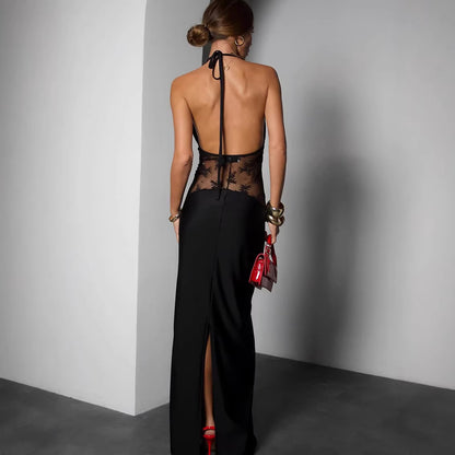 Vestido de verano elegante negro sexy sin espalda con encaje y cuello halter sin mangas para mujer