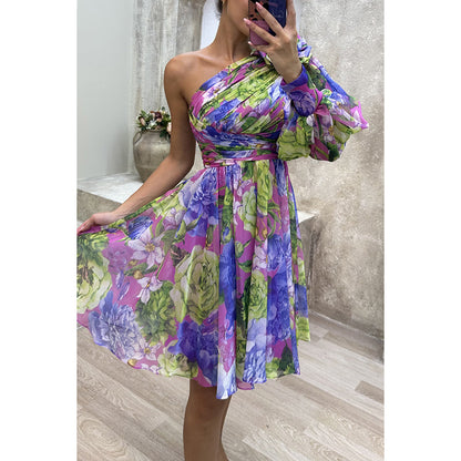 Slant Shoulder Casual Women Printed Wear Dress Party Zipper Dress - Wanita Store
