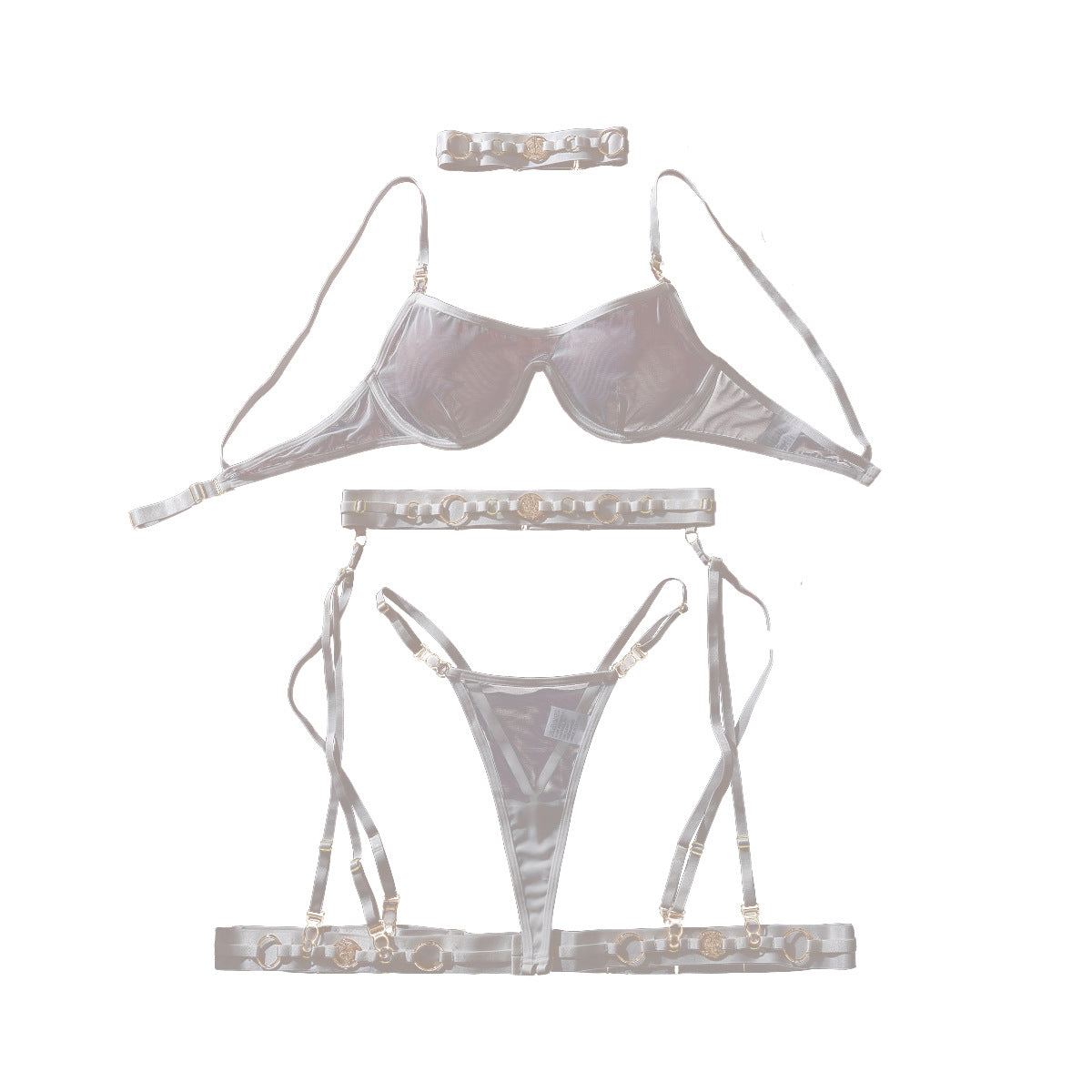 Heavy Craft Metallic Decorative Button Mesh See through Sexy Bodybuilding Underwear Set