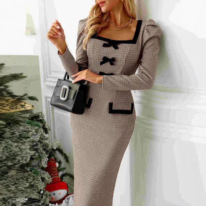 French Dress High Grade Long Sleeve Sexy Tight Hip Belt Plaid Stretch Knitted Dress - Wanita Store