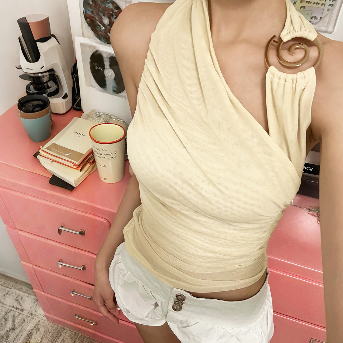 Summer Women Sexy Halter Vest Slim Pleated Cropped Top Women
