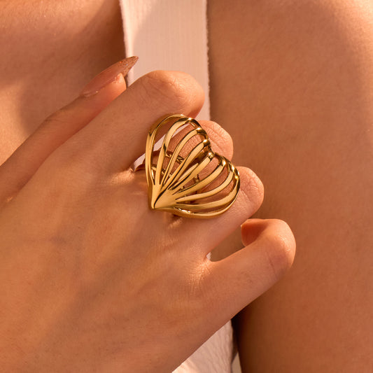 Simple Special Interest Design 18K Gold Stainless Steel Simple Love Shape Hollow Out Cutout Line Ring Retro - Wanita Store