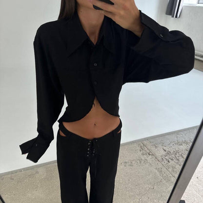 Women Collared Long Sleeves Cropped Design White Shirt Hollow Out Cutout out Tied Wide Leg Pants Two Piece Set - Wanita Store