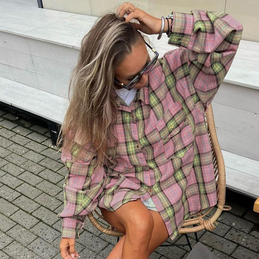 Casual All Matching Plaid Shirt Women Spring Autumn Retro Lapels Long Sleeve Loose Cardigan Top Shirt - Wanita Store