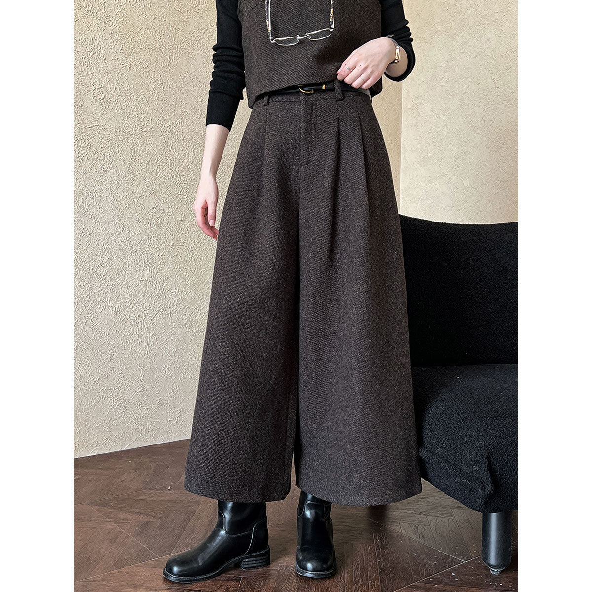 Two Way Vest Wide Leg Pants Women Autumn Winter Woolen Two Piece Sets