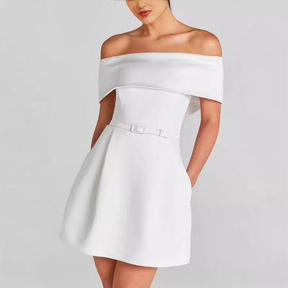 Spring Summer Waist Belt Off Shoulder Dress Casual Party Dress Dress Women - Wanita Store