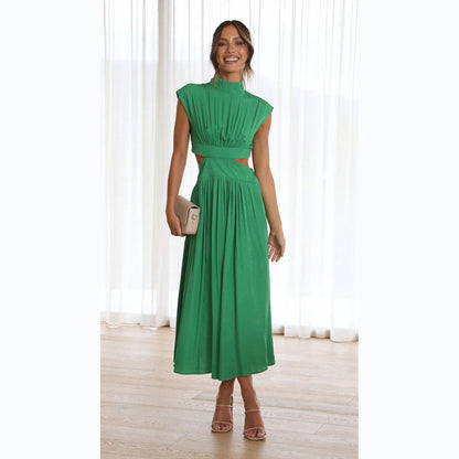 Sweet Street Summer Stand Collar Solid Color Cropped Outfit Maxi Dress - Wanita Store