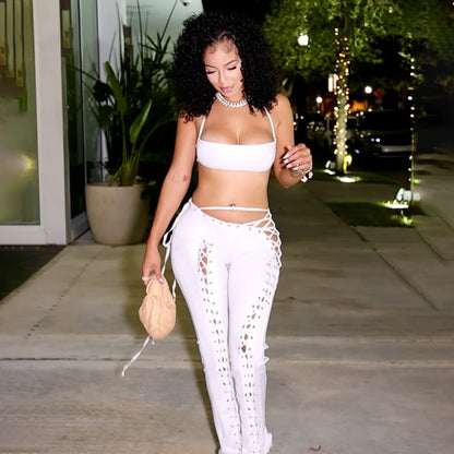 Women Sexy Lacing Vest Street Lace up Trousers Two Piece Set - Wanita Store
