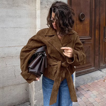 French Suede Collar Casual Double Breasted Coat Fall Winter Brushed Velvet Coat - Wanita Store