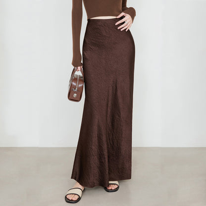 Women Clothing Summer Satin Skirt High Waist Elastic Hand-Held Pattern Long Skirt Elegant Solid Color Long Skirt - Wanita Store