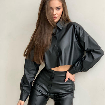 Women Clothing Women Autumn Winter Batwing Long Sleeve Cropped Solid Color Faux Leather Shirt Women Shirt - Wanita Store
