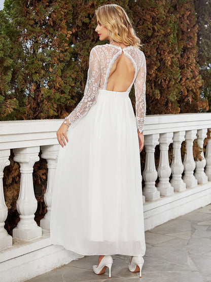 Dress Slim White Wedding Dress Lace V neck Dress Chiffon Wedding Clothes - Wanita Store