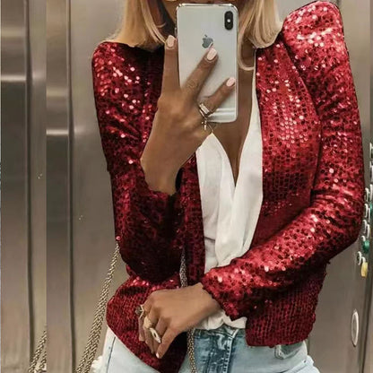 Women Autumn Round Neck Long Sleeve Solid Color Cardigan Casual All Match Sequin Coat - Wanita Store