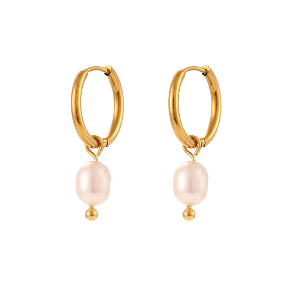 Simple Light Luxury Earrings Jewelry Stainless Steel Plated 18K Gold Freshwater Pearl Gold Ear Ring Accessories - Wanita Store