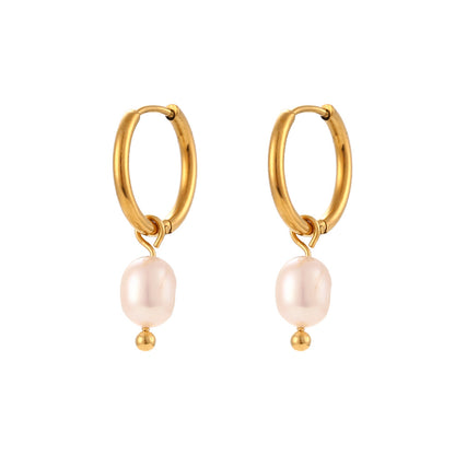Simple Light Luxury Earrings Jewelry Stainless Steel Plated 18K Gold Freshwater Pearl Gold Ear Ring Accessories - Wanita Store