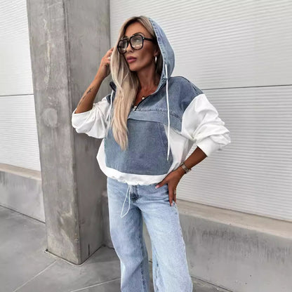 Fall Loose Casual Washing Water Denim Stitching Hooded Women Sweatshirt - Wanita Store
