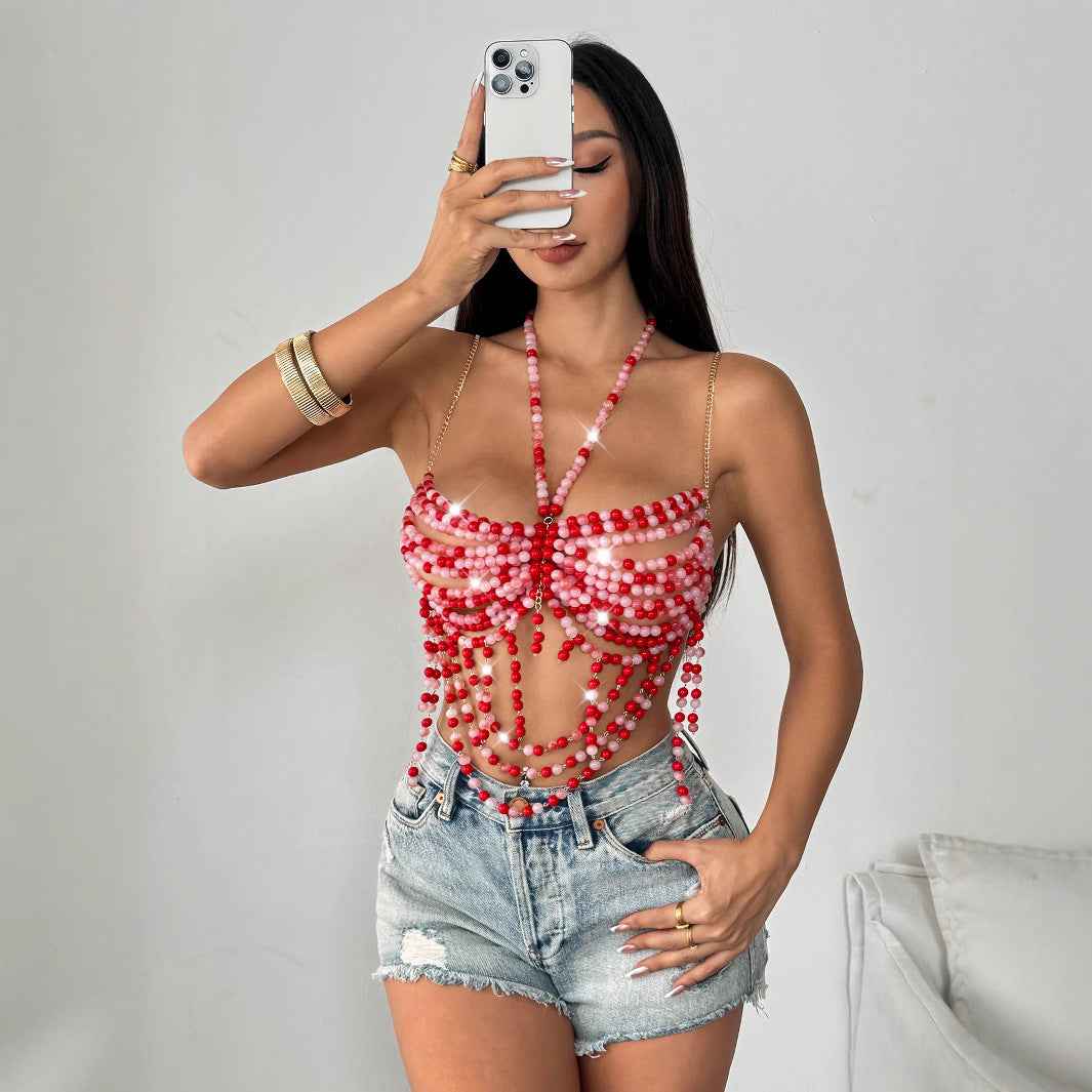 Soutien-gorge sexy dos nu licou évidé à plusieurs couches de perles