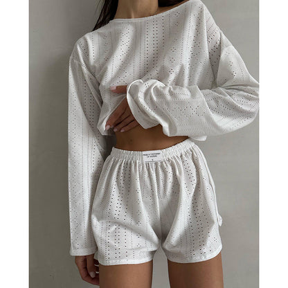 Autumn Ladies Simple Slim Fit Loose Pullover Top Shorts Set - Wanita Store