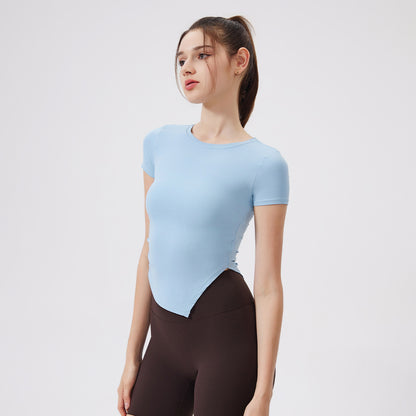 Cool Breathable Antibacterial Asymmetric Waist-Tight Sports Top Women Short Sleeved T shirt Running Training Clothes Fitness Yoga Clothes - Wanita Store