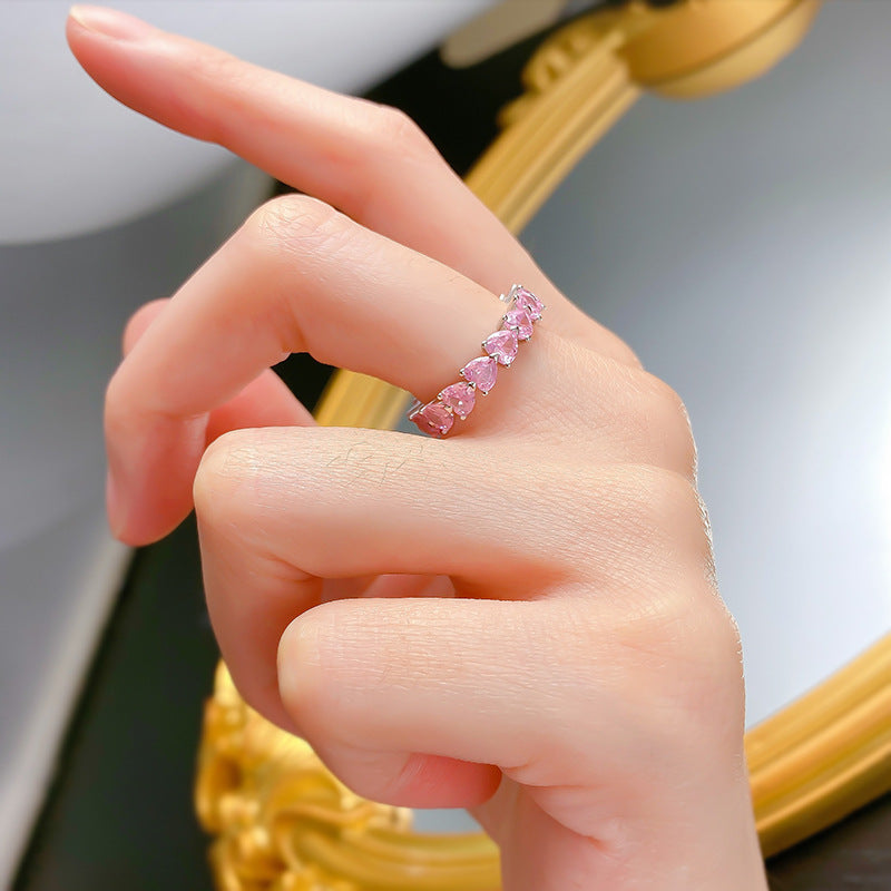 Jewelry Silver Heart Row Diamond Ring Twin Pink Diamond Ring Women Sweet Heart Ring - Wanita Store