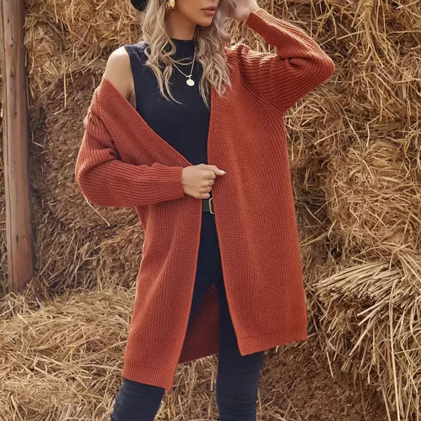 Mid Length Knitted Cardigan Women Loose Solid Color Sweater Coat Autumn Winter Lazy Outerwear Coat