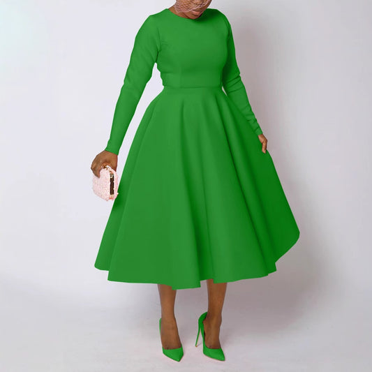 Women Clothing Solid Color round Neck Long Sleeve Flat Part of Knife Large Swing Dress