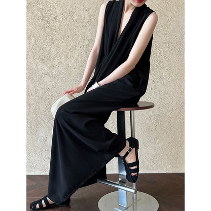 Elegant V neck Sleeveless Twisted Waist Dress Women Slimming Irregular Asymmetric High Grade Hong Kong Long Dress - Wanita Store