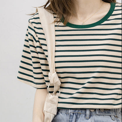 Women Short Sleeved T shirt Summer Thin Loose Cotton Green Striped T shirt Women Top Clothes - Wanita Store