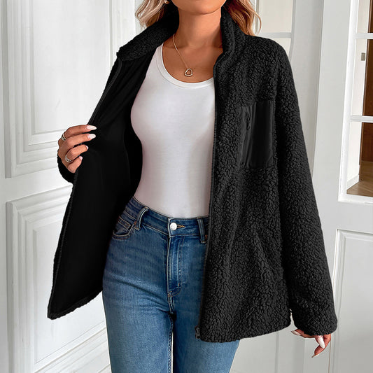 Women Clothing Autumn Winter Lamb Wool Berber Fleece Coat Women Loose Stitching Casual All Matching Jacket Coat