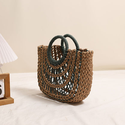 Hollowed out Semicircle Portable Straw Weaved Bag Round Handle Contrast Color Straw Bag Woven Bag Women Seaside Vacation Beach Bag - Wanita Store