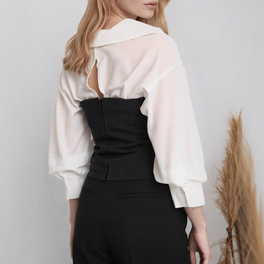 White V neck Waist Three Quarter Sleeve Shirt Women French Elegant Niche Slimming Top - Wanita Store
