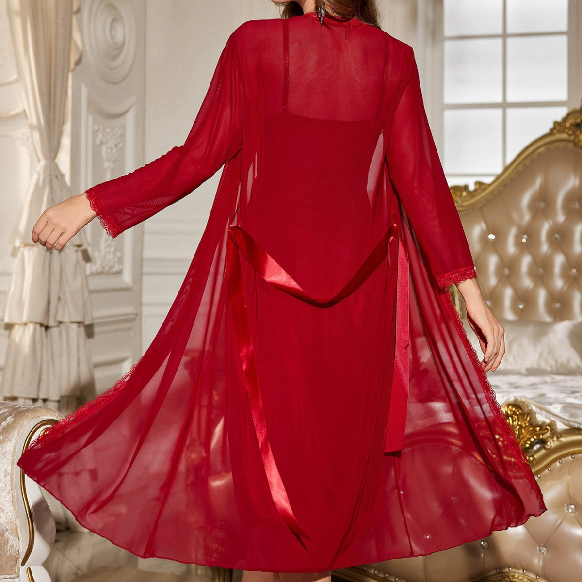 Sexy Long Sleeve Thin Transparent Mesh Nightgown Sexy Lingerie Set